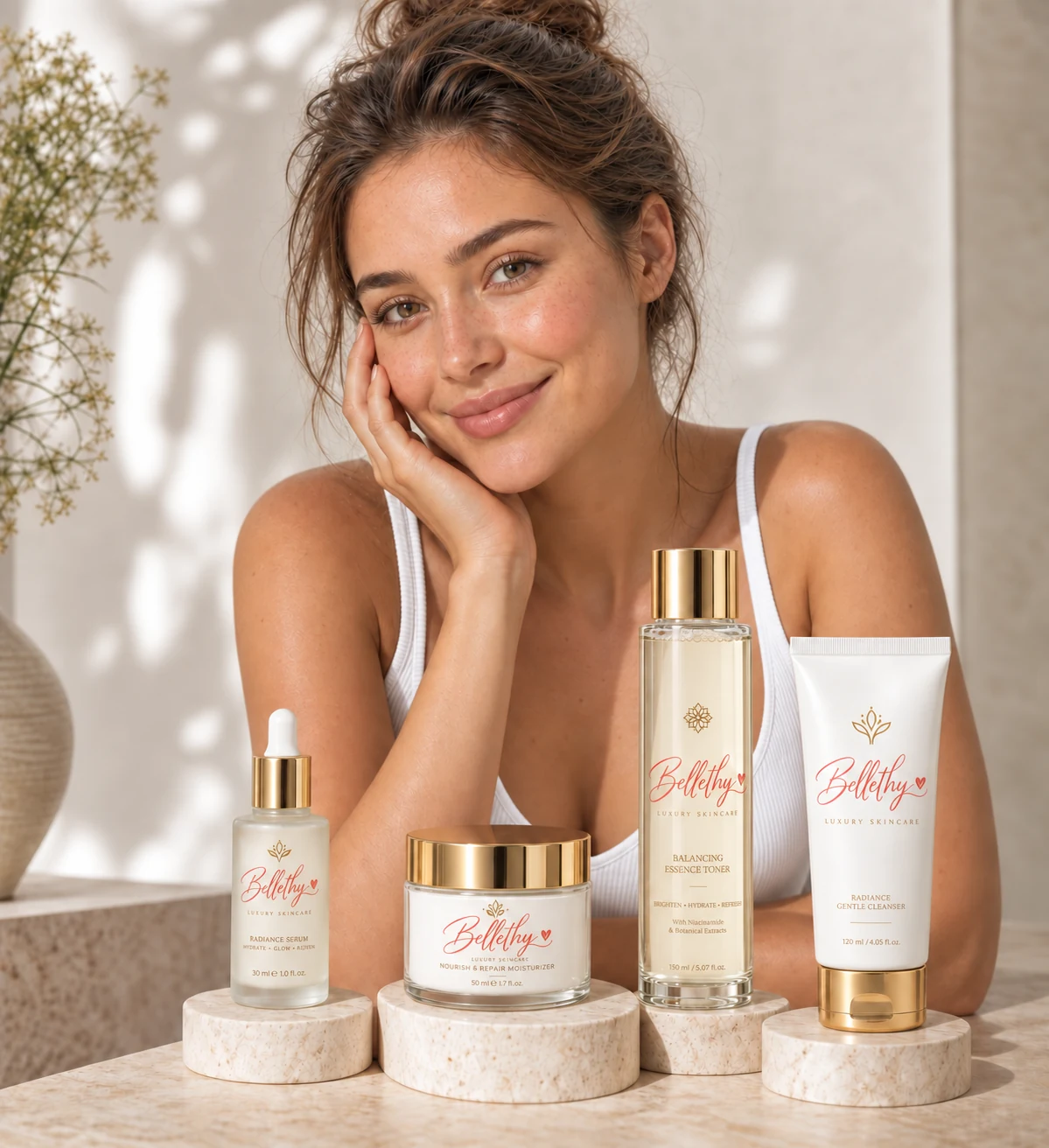 A woman with glowing skin beside Bellethy skincare products